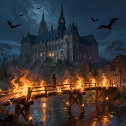 burning wood bridges next to grand gothic castle night bats circling the air by greg rutkowski craig mullins ross tran mucha levitating lumen reflections matte painting fantasy specular lighting trending on artstation