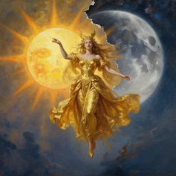 a powerful golden witch floats on a horizon divided by her, the background is torn between the sun and the moon, in the background you can see the milky way. by Daniel F. Gerhartz, hyperrealistic oil painting, 4k, studio lightning, baroque