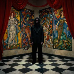 extremely detailed checkerboard movie shot portrait of a dark bizarre figure standing in the corner of a checkerboard checkerboard room by denis villenueve, yves tanguy, lovecraft, roger dean, amano, mucha, tentacles, dynamic composition, rich moody colours, red drapes