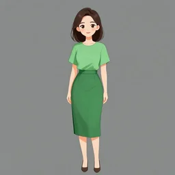 a cartoonish illustration of a woman wearing a green skirt and top, going down the stairs. stairs with purple carpet