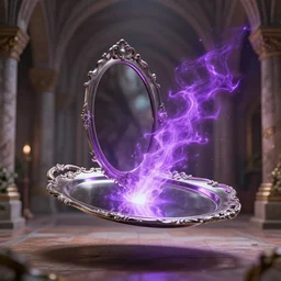 castle interior with a mirror in the shape of an antique silver tray floating and shooting purple magic, digital art