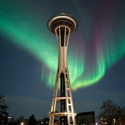 intense rainbow aurora above space needle centered film long exposure fuji wide angle