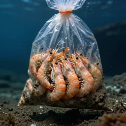an underwater photo a bag of young's scampi filled with mud