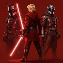 full body Over-the-Shoulder Shot of a young blonde male jedi with short hair holding a lightsaber concept art by Doug Chiang cinematic concept art, realistic painting, high definition, digital art, matte painting, symmetrical, very detailed, realistic, dramatic lighting, cinematic, establishing shot, extremely high detail, photo realistic, cinematic lighting, post processed, concept art, artstation, matte painting, red color scheme, the Mandalorian concept art style