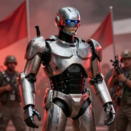 Robocop at the Capitol Riot, red mist and bone,  film photo, highly detailed