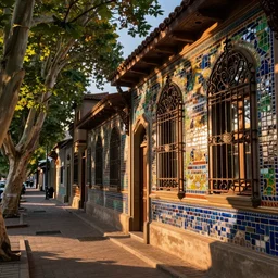 tree-lined street at dusk in a very old very beautiful city by  Nicholas Roerich and  Annie Swynnerton, ornate wrought iron, strong dramatic cinematic lighting , colorful tiled architecture, lost civilizations, smooth, sharp focus, extremely detailed