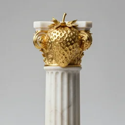 ancient gold strawberry on a tall roman pillar made of marble, realistic, studio lighting, 4 k, depth of field