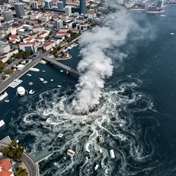 tsunami in istanbul, realistic, photography, drone shot, sharp focus, 8 k detailed