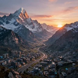 beautiful sunset over detailed cyberpunk suburb in a valley surrounded by epic mountains with snowtops, sharp, highly detailed, hyperrealistic, kacper niepokolczycki, syd mead, 4 k, perfect geometry