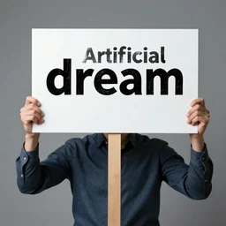artificial intelligence holding a sign with text that reads : dream