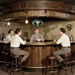 A mysterious sighting of aliens at the bar. 1940s photograph.