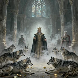 inside the king's hall, wolves and their treasures, ethereal, ominous, misty, 8 k, by ruan jia and miho hirano and ruan jia and jeremy mann and alphonse mucha and greg rutkowski