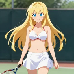 a very beautiful young anime tennis girl, long blond hair, full body, sky blue eyes, ( full round face ), short smile, bikini, miniskirt, highly detailed, cinematic wallpaper by stanley artgerm lau