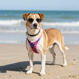 dog wearing a bikini at the beach, very cool