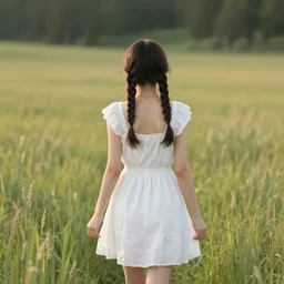 a girl with plaits, wearing a white summerdress, soft light, back view, third person view, in high grass in yellowstone