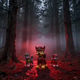 paw patrol in the woods, painterly, photorealistic, midnight, eerie lighting, foggy, red lighting, shadows