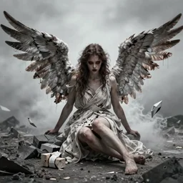 fallen angel with broken wings full of hatred, 4 k by greg rutkowski, trending in artstation