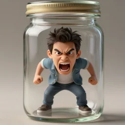 a tiny realistic little man raging screaming angry, inside a glass jar. sharp focus, photography, unreal engine, trending on artstation, photorealistic, octane, trending on deviantart, unreal engine