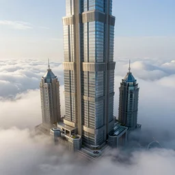 full detailed intricate photo of worlds tallest building, castle clouds levitating, sunny, elaborate modern sleek mansion detail, glass and steel, misty atmosphere