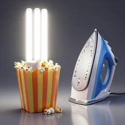 a bag of popcorn, fluorescent lamp, rembrandt lighting, iron, ray tracing reflections, lumen reflections, glowing edges, in the style of trader joes