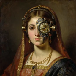 detailed potrait of hindu traditional woman with high - tech steam punk clock in face, girl graceful,, painting by gaston bussiere, craig mullins, j. c. leyendecker, lights, art by ernst haeckel, john william godward, hammershøi,,
