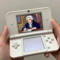 a hand holding a nintendo DS, on the screen of the Nintendo DS is a 8bit photo of Mozart Writing a piece on a piece of paper.