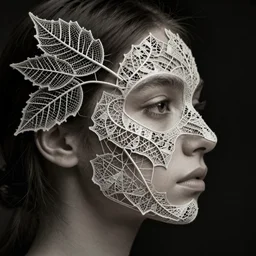 a 3 0 year old woman's face in profile, made of intricate decorative lace leaf skeleton, in the style of the dutch masters and gregory crewdson, dark and moody, depth of field