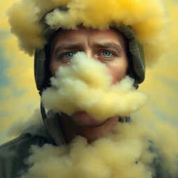 crying!!!!!! modern ukrainian soldier!!, covered in yellow and blue clouds, disarming, enchanting, fragile, hopeful, cloudcore, portrait, by kim keever