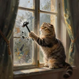 a painting of a scottish fold cat breaking a window with an iron bar
