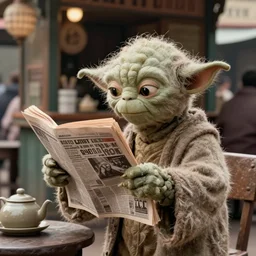a beautiful ultradetailed fine art vintage photo of yoda reading a newspaper by a street side tea stall in india, by tom bagshaw and zach sutton, backlight, telephoto lens, bokeh, golden ratio composition, sunset golden hour hues, very detailed, humanoids, industrial robots, artstation, 8 k, highly coherent