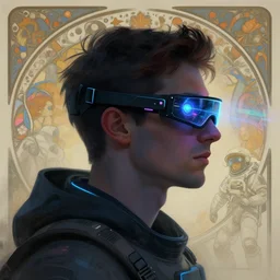 sillouete side view future coder man, sleek cyclops display over eyes and glowing headset, neon accents, holographic colors, desaturated headshot portrait digital painting by rhads, alphonse mucha, donato giancola, john berkey, dean cornwall, alex grey, tom whalen, astronaut cyberpunk electric lights profile