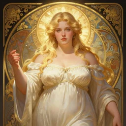 digital character concept art by artgerm and greg rutkowski and alphonse mucha. clear portrait of a completely clothed modern young wife blessed by god to uncontrollably become overwhelmingly perfect!! blonde, obviously full - figured holy body!! light effect. hyper detailed, glowing lights!! intricate, elegant, digital painting, artstation, smooth, sharp focus