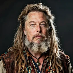 A portrait photo of Elon Musk but he is an old hippie