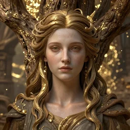 a photorealistic portrait of a goddess, floating in the middle of a ancient wood, ((Gold fluid simulation in the background), perfectly proportioned face, perfect eyes, intricate, elegant,ultra super good realistic 3D render by Pete Morbacher and Emil Melmoth, insanely detailed, trending on artstation