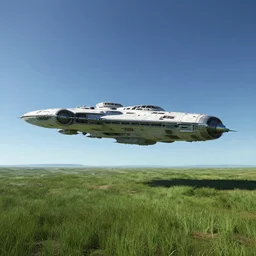 a single Elite Dangerous style Spaceship carrier hovering over a green grassy field on an alien planet at daylight, blue sky, cinematic perspective, by John Harris, Federico Pelat, Ivan Aivazovsky, Matte Painting, 4k,