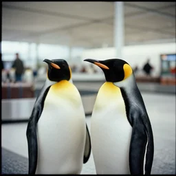 medium format portrait of two penguins in an airport baggage claim area photographer from the 1 9 6 0 s, hasselblad film shallow focus portrait, soft light photographed on expired color film,