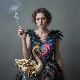 photographic portrait of sad max ernst woman swan dried melting floral fungus with spiraling cigarette smoke, wearing a dress made of feathers, colorful helix nebula, in fog, editorial