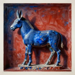 lithograph of cycladic sculpture of donkey, ultramarine blue and red iron oxide