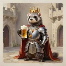 detailed painting of a regal ferret dressed in knight armor, holding a mug of ale, castle interior, full view