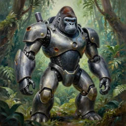 a beautiful painting of a robotic anthropomorphic humanoid gorilla mecha posing in a jungle by moebius, mech warrior, trending on artstation, national geographic, 4 k, 8 k, highly detailed, sharp, oil on canvas