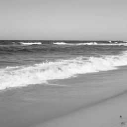 an early black and white photo of a beach with sea waves crashing on the beach, art station