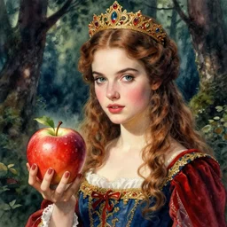 highly refined detailed watercolor, regal girl, realistic magic apple, mystical dark forest, nostalgic fairytale, magic realism, vivid colors, by charles vess, anato finnstark, cinematic lighting, beautiful face, jean giraud, leyendecker