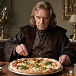 A still of Ian McDiarmid as Emperor Palptine making a pizza, 4k, photograph, ultra realistic, highly detailed, professional lighting