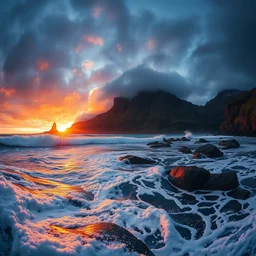 landscape photography by marc adamus, wide angle, scotland,, ocean waves, dramatic lighting, sunset, dramatic sky
