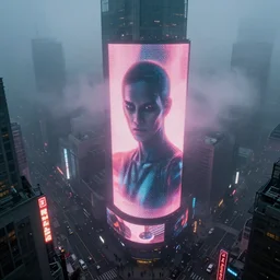 eerie fog, giant illuminated advert screens, megacity streets seen from above, neon signs, blade runner, ex machina