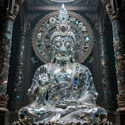 a epic sakyamuni, the founder of buddhism in cyberpunk style temple, ghost, gorgeous and huge head ornaments, mecha, portrait of a big crystal face made of crystals, ominous, intricate, studio, art by anthony macbain + greg rutkowski + alphonse mucha, concept art, 4 k, sharp focus