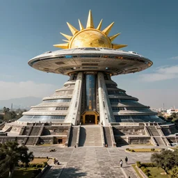 the temple of the sun as a futuristic sci - fi building with a spaceship on top, teotihuacan
