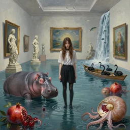 painting of a tall emo girl in a flooded art gallery, taking a selfie, a hippopotamus, berries, octopus, nautilus, flooded, stone sculptures, art on the walls, fish, zen, waterfall, black swans, canoe, pomegranates, surrealist, by magritte and monet