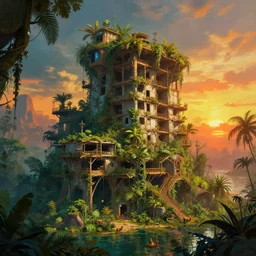 a beautiful ultradetailed painting of architecture patio city building nature urbex unfinished building by mike winkelmann, sunset thermal imaging elysian azeroth dramatic lighting junglepunk lake tron scumm bar windy atlantis dieselpunk cgsociety steampunk lightpaint rainforest sunlight, archdaily, wallpaper, highly detailed, trending on artstation.