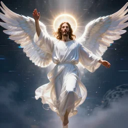 Jesus Christ with white wings, dynamic lighting, +++++++++++ dynamic pose, high resolution, powerful, halo, 8k, glitch effect